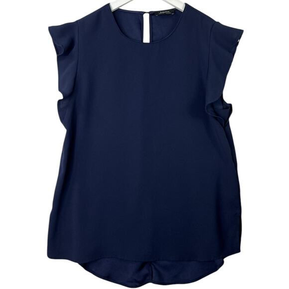 Aritzia Babaton Chaplin Flutter Sleeve Blouse Top Dark Blue S Pullover Keyhole - Picture 3 of 11